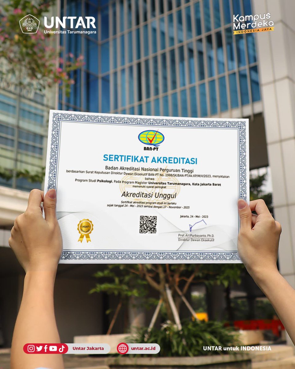 UntarJakarta's tweet photo. Selamat dan sukses atas diperolehnya Akreditasi "Unggul" dari BAN PT untuk Program Studi Magister Psikologi (M.Psi), Fakultas Psikologi, Untar.

MinTar super bangga! 🤩❤️‍🔥

#Untar
#UntarJakarta https://t.co/sr35a9xfny