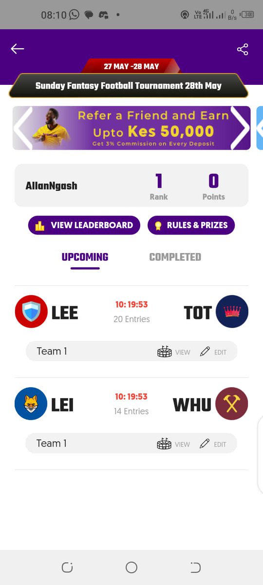 Showcase your football prowess on
Today's top 20 Fantasy44 football tournament features a 2 PL fixtures

Leeds vs Tottenham.
Leicester vs WestHam
Panga squad Beba Noti

Over 100 entries available
10k cash prize up for grabs

Join using the link rb.gy/e3lx2