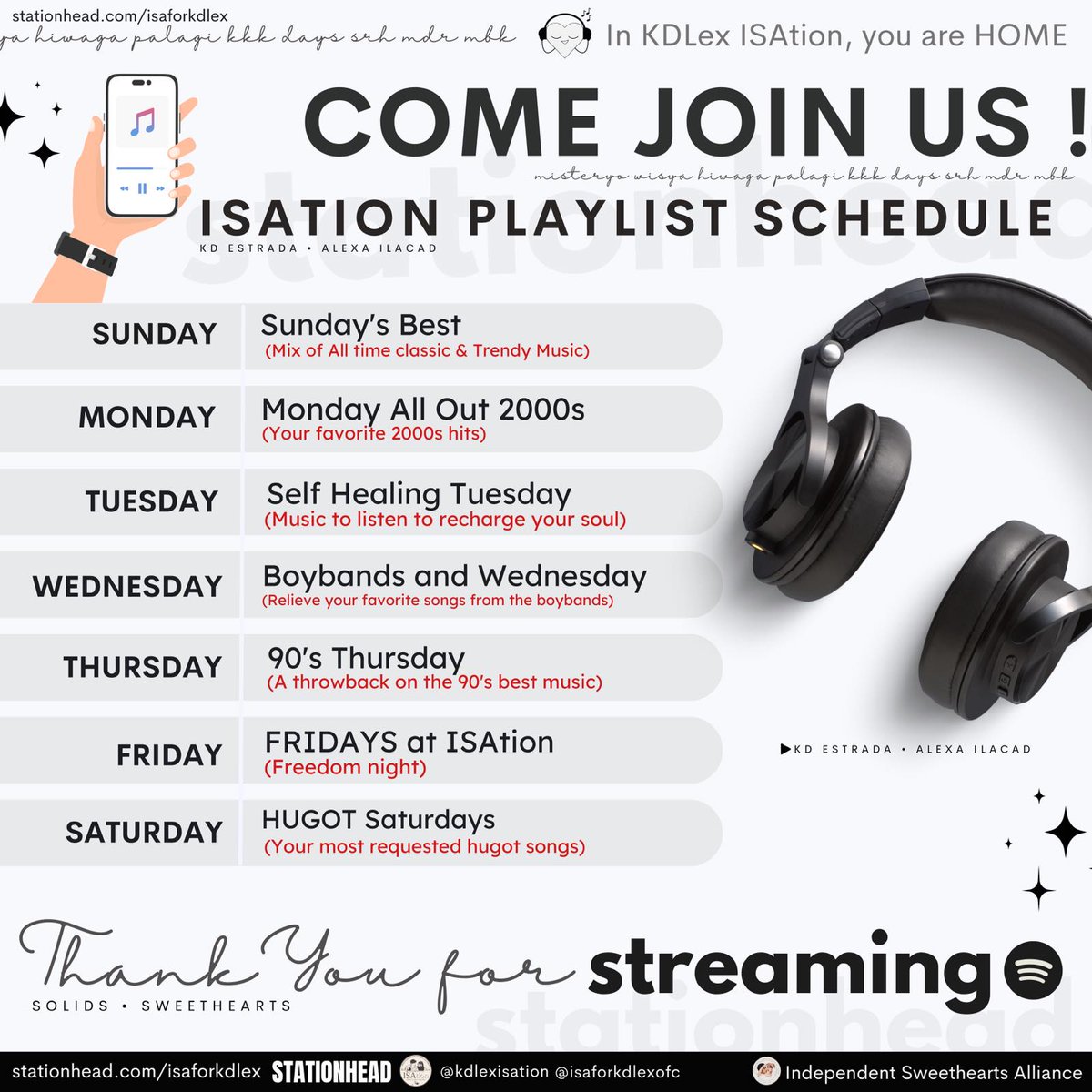 kdlexisation's tweet photo. #ISAtion Playlist Schedule 🗓️
This will be our Weeklong Playlist Schedule on peak hours to cater your different type of music.
Changes will be done weekly or we might maintain some playlist as requested. Thank you
Join us! We are 24/7 live:
https://t.co/tXQMTYHK0q
#KDLex https://t.co/YaZCxpGlwk