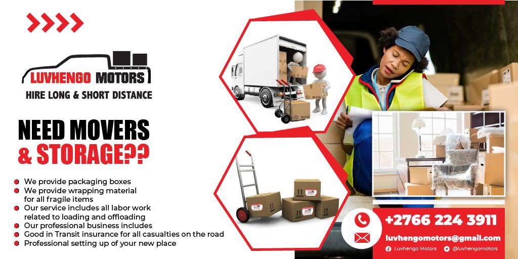 LuvhengoMotors's tweet image. ❗Please Retweet ❗
We provide moving services around Gauteng.
We do Short and Long Distance hiring.
We also have GIT insurance.
Cell/WhatsApp: 066 224 3911