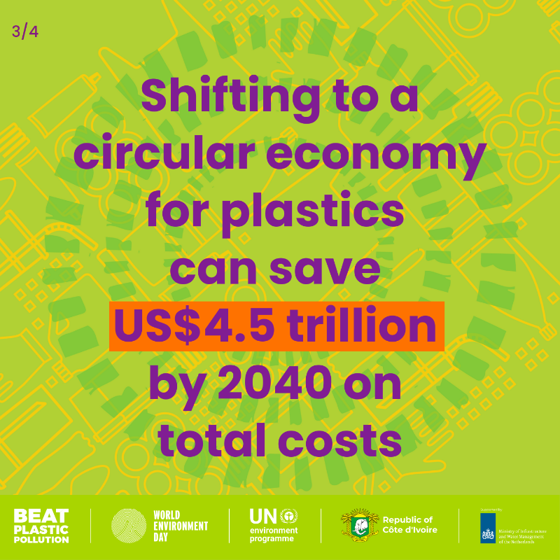 UNEP's tweet photo. Recycling alone is not enough to #BeatPlasticPollution!

Creating a circular economy for plastic is critical to tackling the triple planetary crisis and improving lives for everyone, everywhere.

Ahead of #WorldEnvironmentDay, see how you can be part of the solutions: