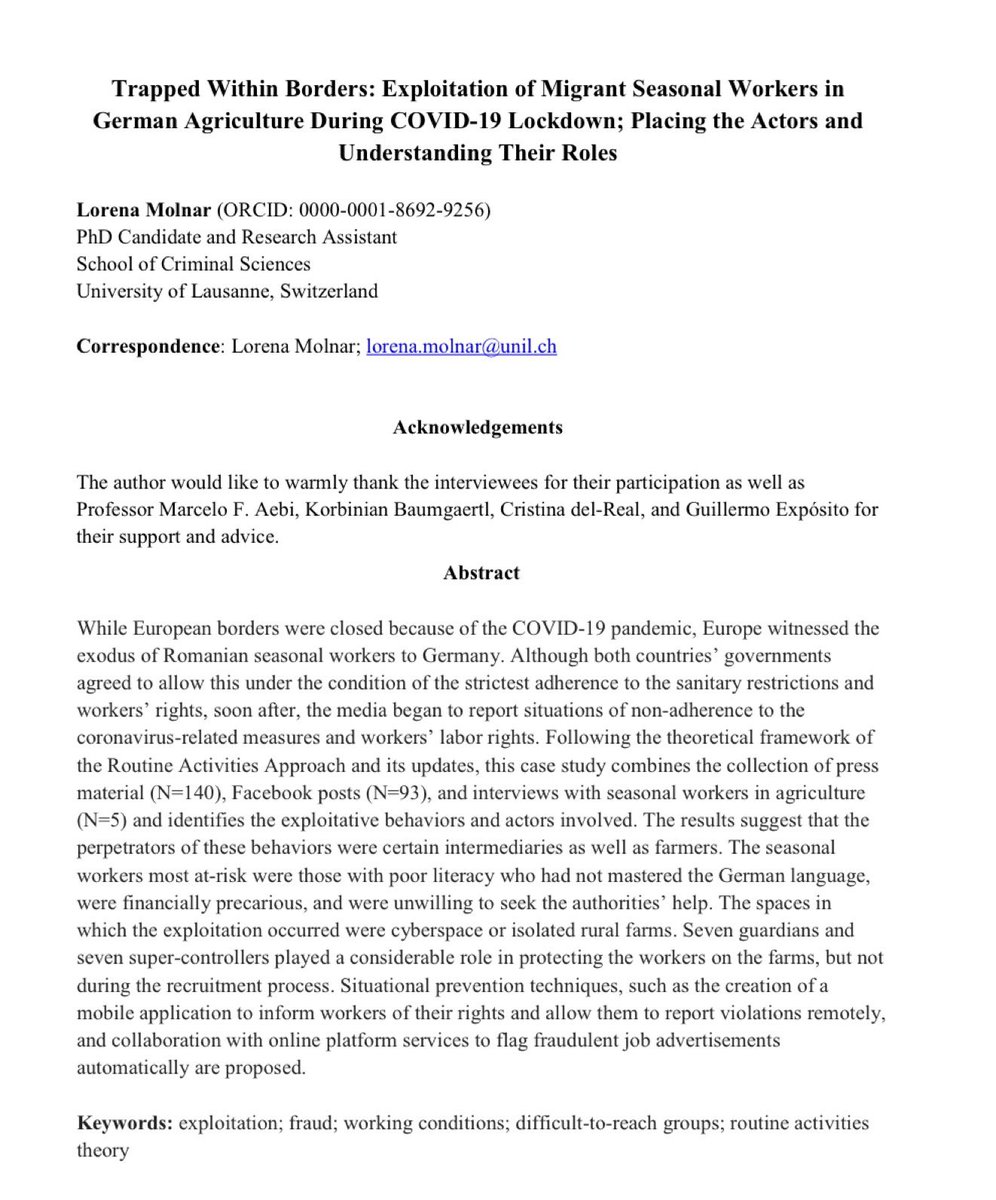 ⏰ Time for the 2nd #ResearchArticle in Vol. 7, Issue 3!

Molnar examines the impacts of #COVID on #migrant seasonal workers in German #agriculture and unpacks a litany of issues related to fraud & exploitation. 

#OpenAccess #RuralCrime 

Read more: ruralcriminology.org/index.php/IJRC…