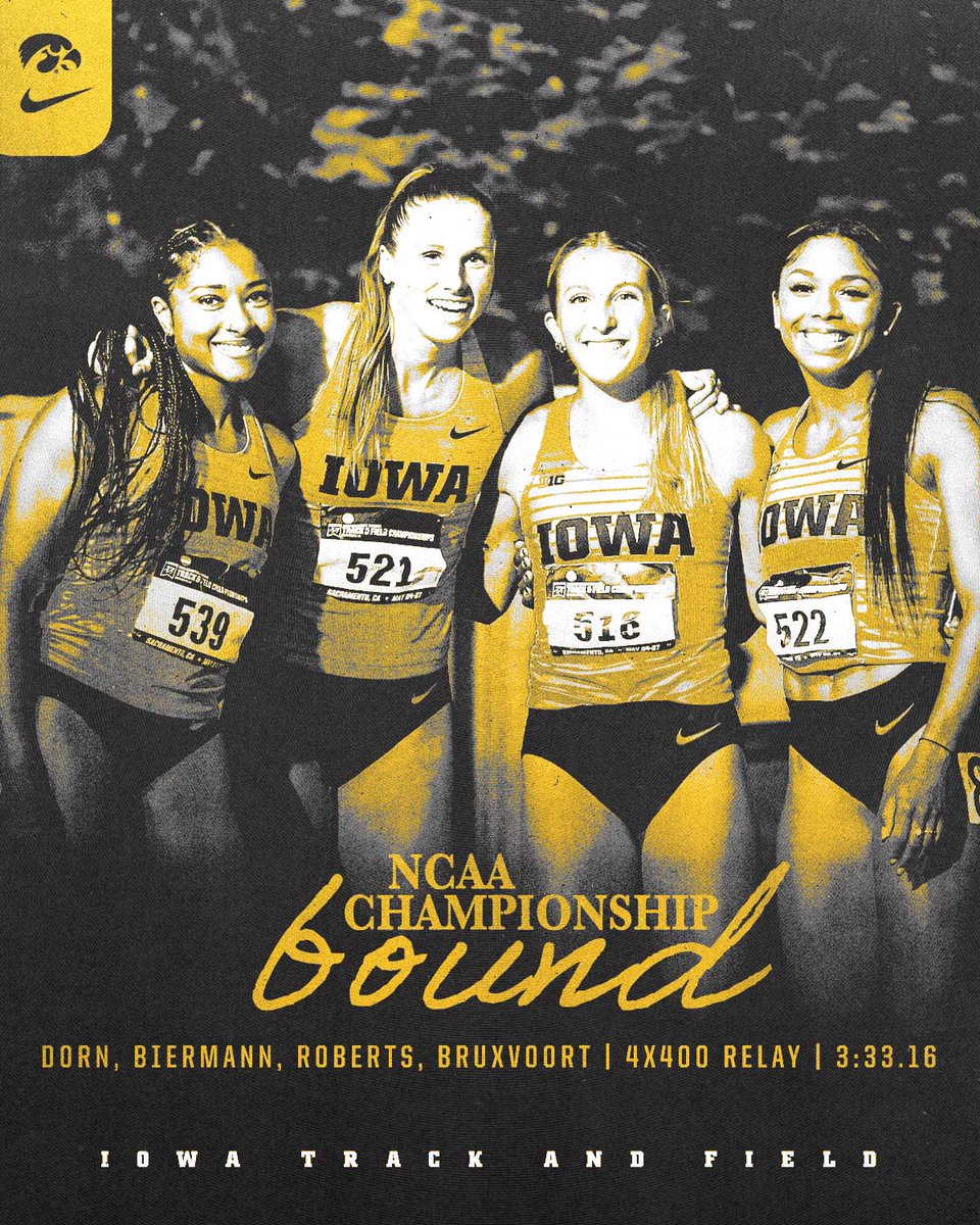 𝗡𝗖𝗔𝗔-𝗕𝗼𝘂𝗻𝗱 𝟰𝘅𝟰. 💪 

Ali Dorn, Audrey Biermann, Tesa Roberts, and Mariel Bruxvoort are headed to Austin in the 4x400 relay with a season best and the 3rd-fastest time in program history, 3:33.16. 

#NCAATF x #Hawkeyes