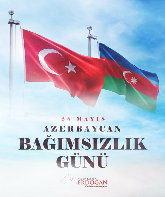 Cumhurbaşkanı Erdoğan'dan Azerbaycan Bağımsızlık Günü kutlaması:

"Bir millet, iki devlet" şiarıyla, her zaman yan yana, omuz omuza olduğumuz kardeş Azerbaycan’ın Bağımsızlık Günü’nü kutluyor, müstakillik uğruna şehit düşen kahramanlarımızı saygıyla ve rahmetle anıyorum."