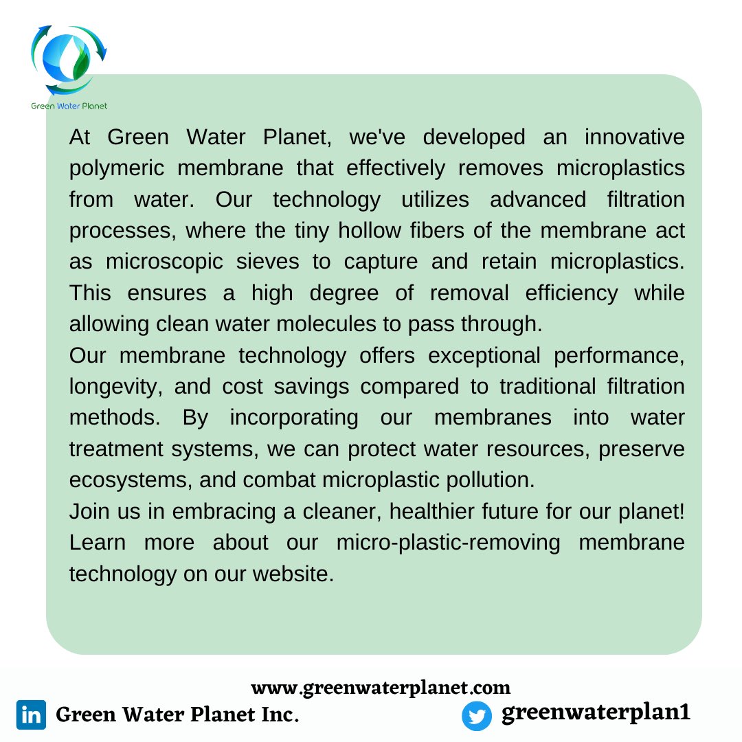 🌊 The Science Behind Our Micro-Plastic Removing Membrane Technology 🌊

#MicroPlasticRemoval #WaterFiltration #SustainableSolutions #CleanWater #EcoFriendlyTechnology #GreenWaterPlanet