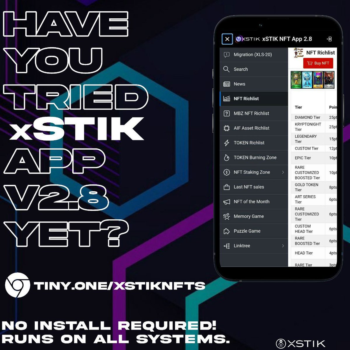 ❓HAVE YOU TRIED xSTIK APP YET?

▪️100% FREE to use
▪️No install required
▪️Works with all devices
▪️Updated frequently
▪️Features whole #xSTIK Ecosystem

📲TRY NOW: tiny.one/xstiknfts

First #XRPL #NFT App when launched at 2022. Developed 100% in-house by xSTIK Core Team.