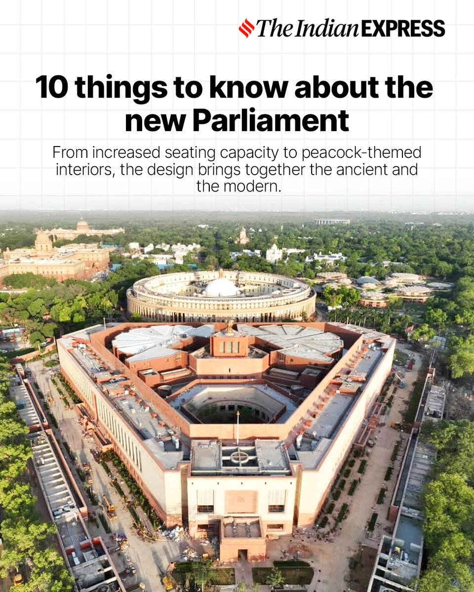 IndianExpress's tweet photo. PM @narendramodi  inaugurated India’s new Parliament building this morning 🏛️✨

The #NewParliamentBuilding is part of the revamped #CentralVista project, the construction of which started in 2019. 

Built at an estimated cost of Rs 1,200 crore, here are some facts to know about the #ParliamentBuilding 👇🏽

https://t.co/mG7JOZD1vG