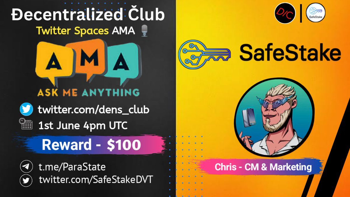 DC Presenting an #Twitter_Spaces_AMA🎉

📌 Venue : x.com/i/spaces/1vAxR…
⏰ When : 1st June 4pm UTC 
🤑 Reward : $100

10 winners will get $10 each
Twitter (5) &amp; Live asking (5)

1⃣ Follow <a href="/SafeStakeDVT/">SafeStake</a>
2⃣ Like &amp; RT &amp; Tag 3 Friends 
3⃣ Post your questions.