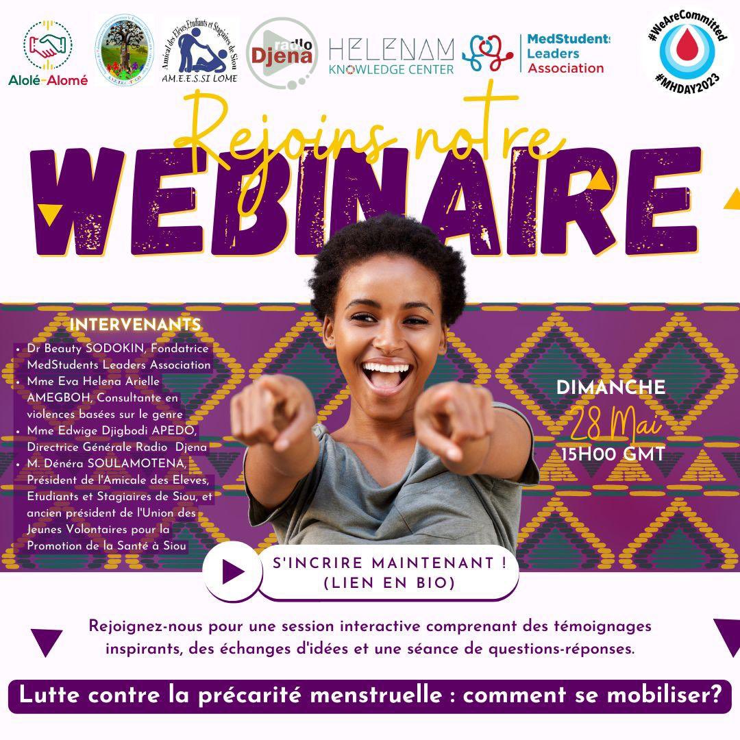 En prélude de la journée de l’hygiène menstruelle cet 28 Mai, nous soutenons <a href="/AloleAlome/">Association Alolé-Alomé</a> ,une association soeur qui œuvre pour l’éducation, la santé et la culture en milieu défavorisé sur un Webinaire  qui a pour thème: lutte contre la précarité menstruelle, comment se mobiliser?