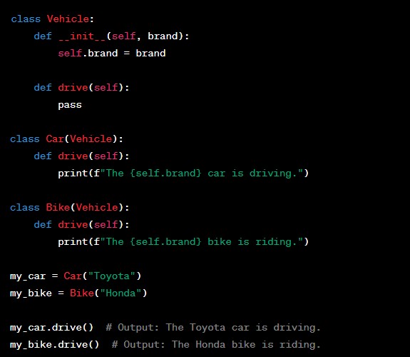 TechByteIQ's tweet image. 18/50 Code sample: 🖥️
Illustrates applying OOP concepts by defining classes 'Vehicle', 'Car', and 'Bike' with specific behaviors. 🚗🚲 #PythonOOP #CodeExample