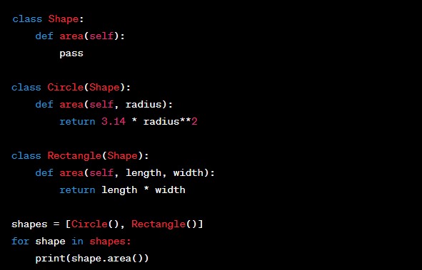 TechByteIQ's tweet image. 37/50 Code sample: 🖥️
Demonstrates polymorphism by defining classes 'Shape', 'Circle', and 'Rectangle' with their respective area calculations. 🟡🟠 #PythonPolymorphism #CommonInterface