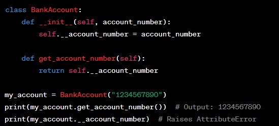 TechByteIQ's tweet image. 10/50 Code sample: 🖥️
Defines a class 'BankAccount' with a private attribute '__account_number' and a public method to access it. 🔒💰 #PythonEncapsulation #PrivateAttributes