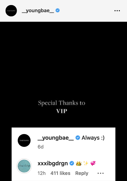 Jiyong left a comment ^^ «Special Thanks to VIP» YB: Always :) GD: 👑✨💞