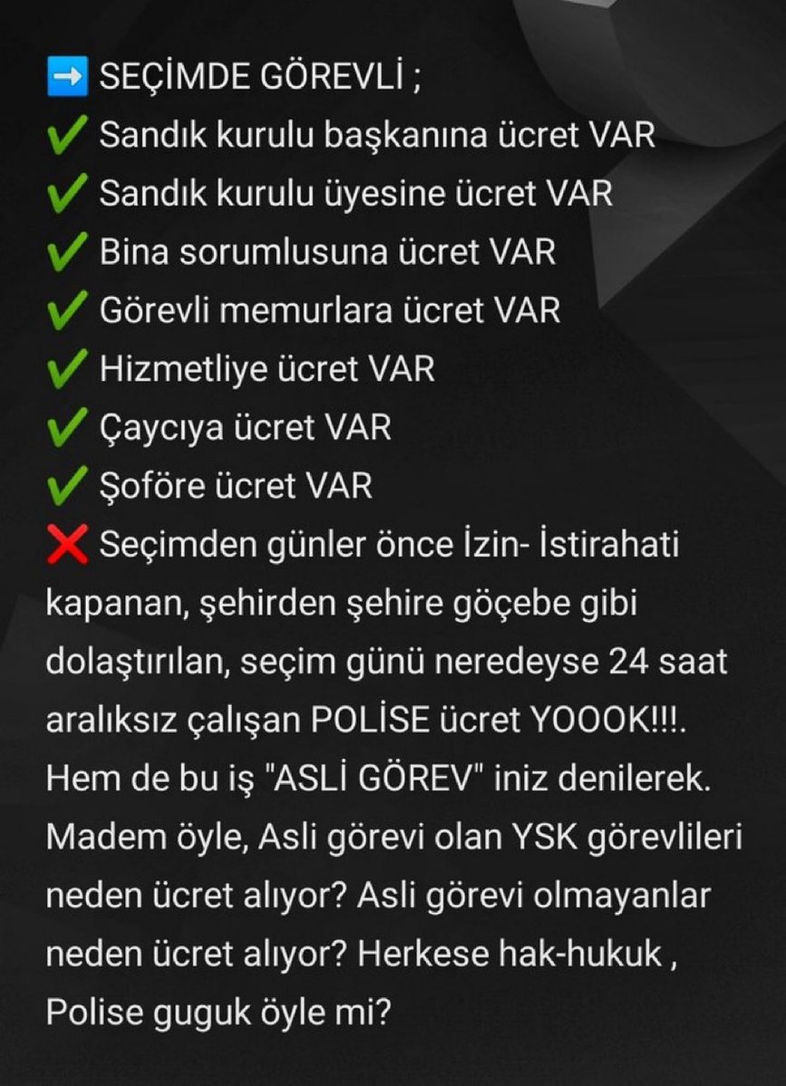Seçimde güvenliği sağlamak için binlerce polis ve jandarma yine sabahın 5’inde işbaşı yaptı

Gece yarısı, belki de sabaha kadar devam edecekler

Seçimde görevli tüm kamu personeline ek ücret var da,
polis-jandarmaya neden yok⁉️

<a href="/EmniyetGM/">Türk Polis Teşkilatı</a> <a href="/TC_icisleri/">T.C. İçişleri Bakanlığı</a> <a href="/suleymansoylu/">Süleyman Soylu</a> <a href="/tcbestepe/">T.C. Cumhurbaşkanlığı</a>
