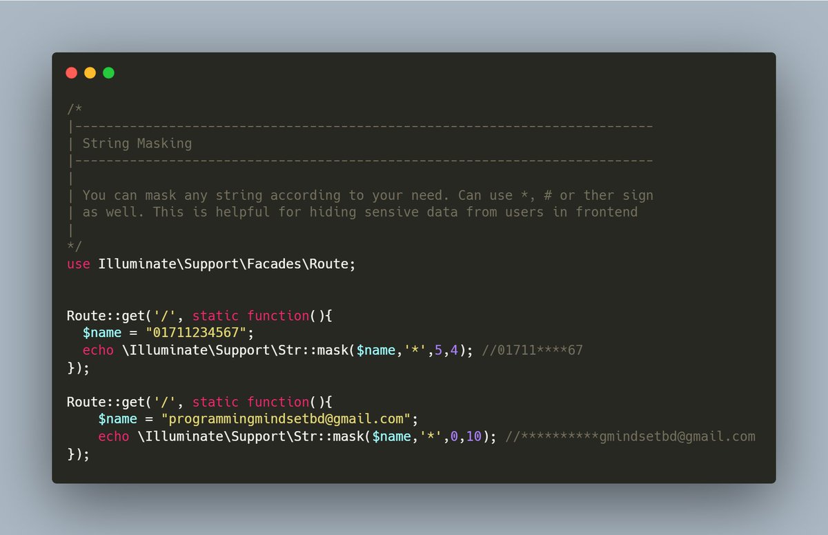 Hide string using mask() method of Str 
#laravel #php #coding #learning #programming #program #programmers🙂