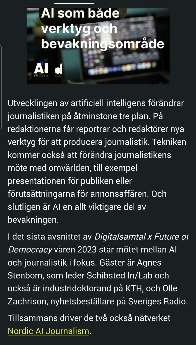 kentlundgren's tweet image. Lyssnar på: &quot;AI som både verktyg och bevakningsområde&quot; - Podden #Digitalsamtal  buff.ly/3qgKNRb
  Gäster är #AgnesStenbom, som leder Schibsted #InLab och också är industridoktorand på KTH, och #OlleZachrison, nyhetsbeställare på Sveriges Radio.