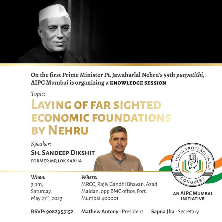 vinuvinodmumbai's tweet photo. #RememberingJawaharlalNehru
Let's pass-on the Legacy to #GeNext!

#Dhruv, grandson of Late Shri Diwakar Govind Menon (die-hard congressi for more than 7 decades), taking blessings from Hon'ble Ex-MP Shri @_SandeepDikshit-Ji,
after the @AIPCMumbai program. 
#RememberingNehru https://t.co/5PEEptoo2K