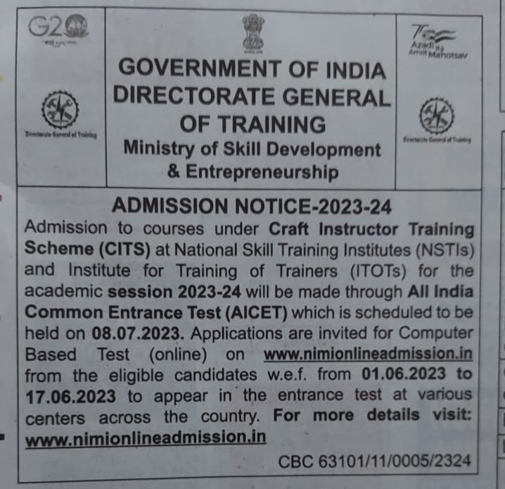 KanpurNsti's tweet photo. CITS ADMISSION NOTICE 2023-24 https://t.co/vADyMJtU8d