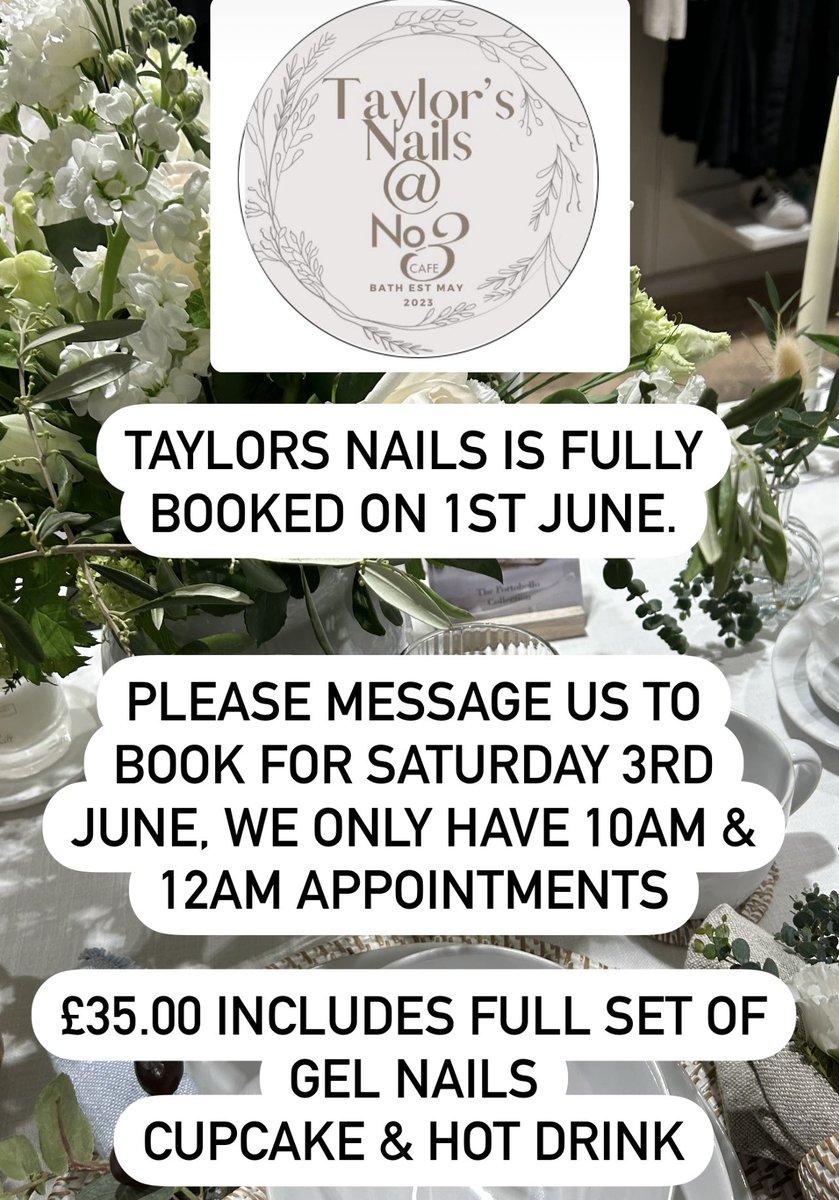 New Post

Taylors Nails is becoming a huge hit at No3 cafe 

A full set of gel nails, plus a hot drink &amp; cupcake 
£35.00

Message us to book!!