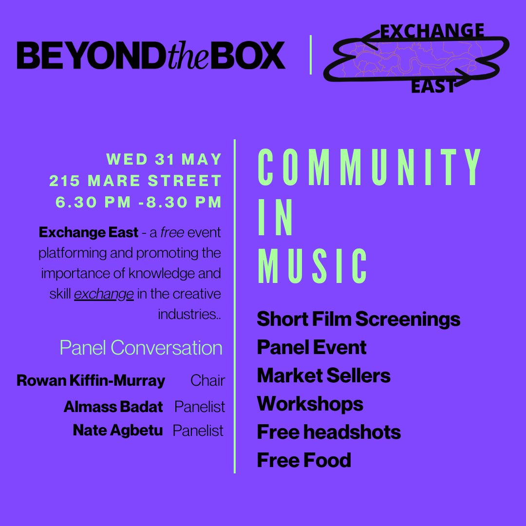 Exchange East - Community In Music. Join us for an evening of knowledge and skill exchange - with panel guests, short film screenings, market stalls and workshops at @moco_arch 215 Mare Street, Hackney. Sign up for free here 👇 eventbrite.com/e/636547098507