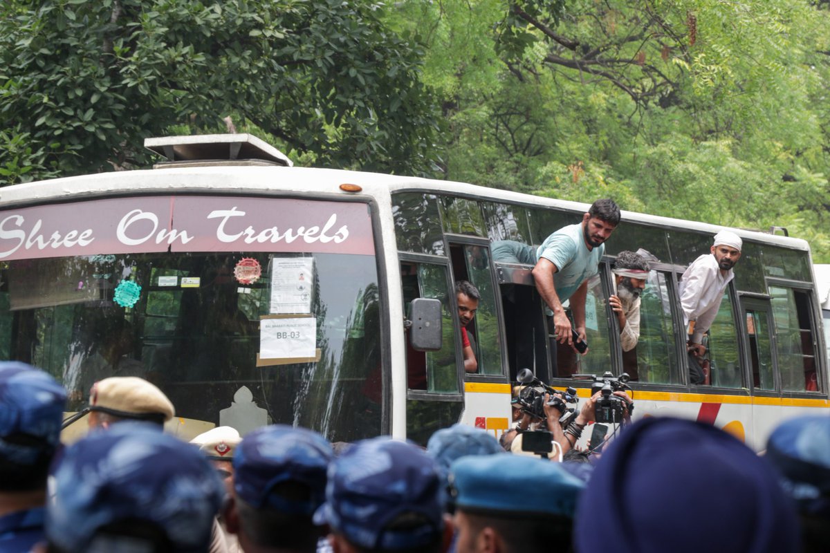 Wrestlers protesting against WFI chief Brij Bhushan Singh being detained at Jantar Mantar in New Delhi. Wrestlers had given a call for a Mahila Mahapanchayat to be organised on Sunday. Photo by <a href="/AshishKrKataria/">Ashish Kumar Kataria</a>