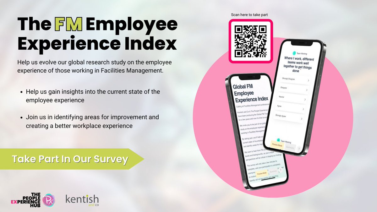 Oh no, not Hi-viz Liz and the survey thing again! 🤣

Yes! It’s me! 

What’s it like working in Facilities Management these days?   

Tell us by taking part in the Global FM Employee Experience Index.

It’s here survey.pxhub.io/fmex23 or scan the QR code 

Please RT 😀