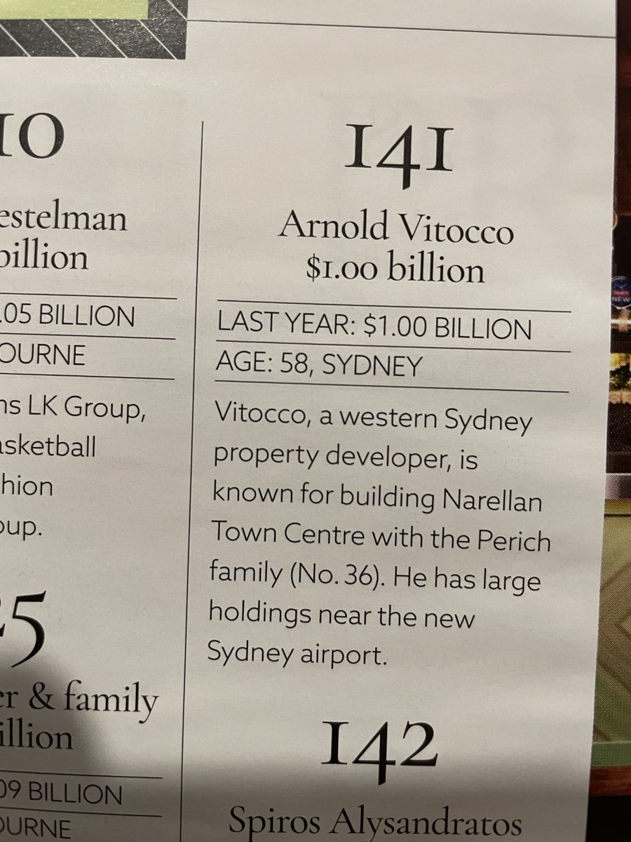 Finally sitting down with the print version of The AFR’s 2023 Rich List, which was inserted in Friday’s paper. Some of the entries are a bit thin. Arnold Vitocco has been valued at precisely $1.00 billion for the last two years. What a coincidence.