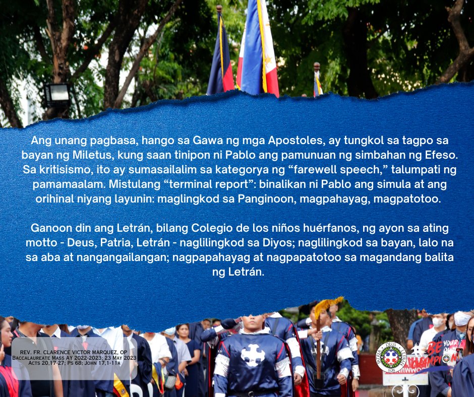 LetranOfficial's tweet image. We can't get enough of our graduation activities!

As we continue to celebrate the accomplishments of our graduates, we invite you to read the enlightening homily delivered by Rev. Fr. Clarence Victor Marquez, OP, rector and president, during the Baccalaureate Mass.