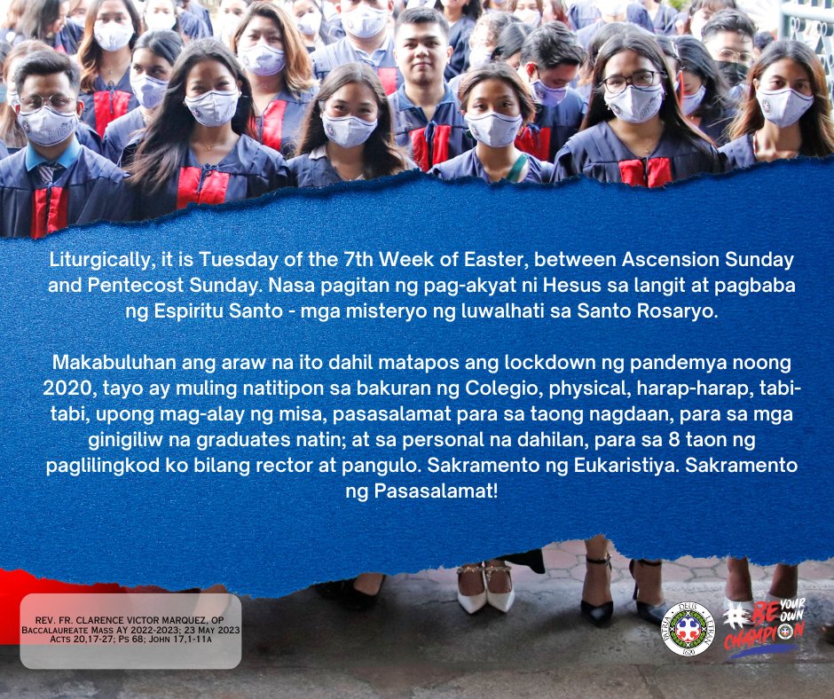 LetranOfficial's tweet image. We can't get enough of our graduation activities!

As we continue to celebrate the accomplishments of our graduates, we invite you to read the enlightening homily delivered by Rev. Fr. Clarence Victor Marquez, OP, rector and president, during the Baccalaureate Mass.