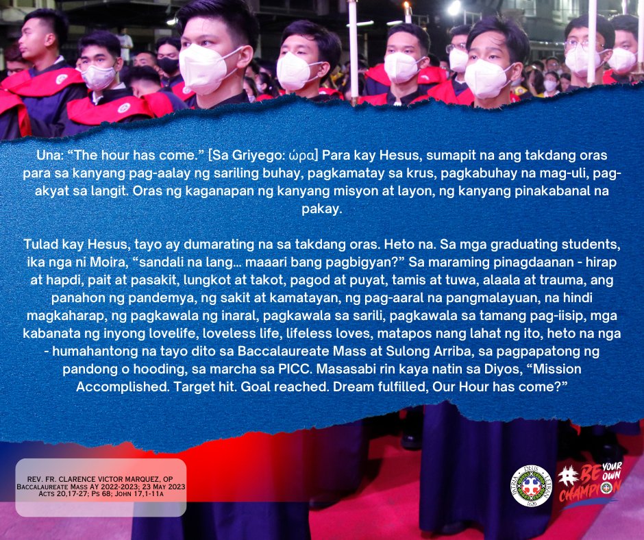 LetranOfficial's tweet image. We can't get enough of our graduation activities!

As we continue to celebrate the accomplishments of our graduates, we invite you to read the enlightening homily delivered by Rev. Fr. Clarence Victor Marquez, OP, rector and president, during the Baccalaureate Mass.