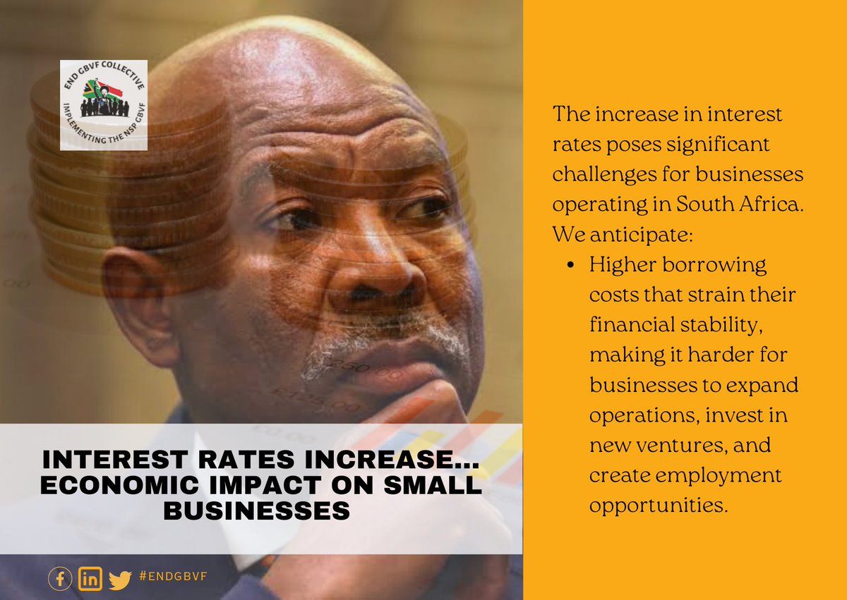end_GBVF's tweet photo. Unpacking increase in the repo-rate #SARB #interestrates

#womeninbusiness #EndGBVF 
We explore the effects on South Africans, businesses &amp; consumers. 

The anticipated higher consumer costs &amp; non-profitability. 
Read statement here: https://t.co/BWcRPVWkpm https://t.co/odXnF5xAHp