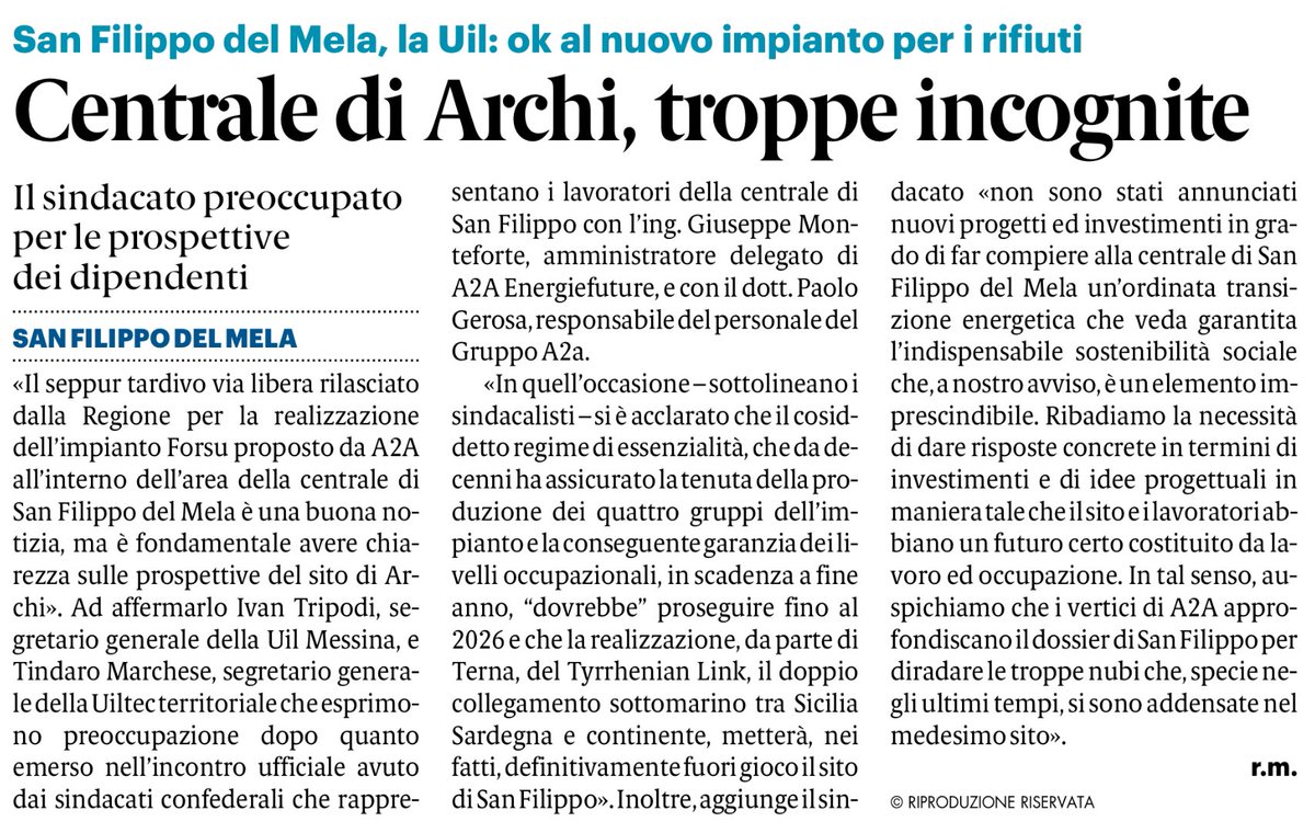 UILmessina's tweet photo. Gazzetta del Sud (28.5.2023)
#uil #uiltec #A2A #centrale #SanFilippodelMela https://t.co/JNvDGRfhCa
