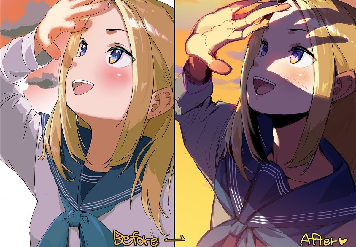 「#イラスト添削 #親子でガンバル  ⑥仕上げその2、いわゆるフレア処理です。 見」|なまにくATK@🥩ニトロプラス所属のイラスト