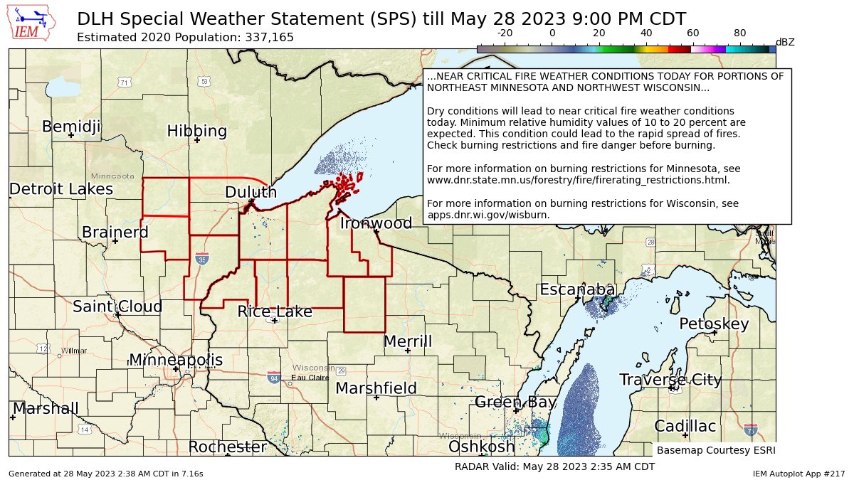 NEAR CRITICAL FIRE WEATHER CONDITIONS TODAY FOR PORTIONS OF NORTHEAST MINNESOTA AND NORTHWEST WISCONSIN for Carlton/South St. Louis, Northern Aitkin, Pine, South Aitkin [MN] and Ashland, Bayfield, Burnett, Douglas, Iron, Price, Sawye... till 9:00 PM CDT https://t.co/62k9RAJqBt https://t.co/FxEzB8oNvP