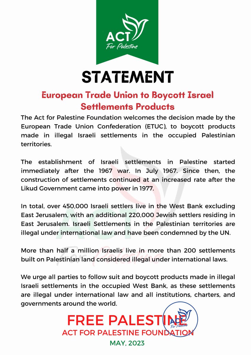 NewsDoP's tweet image. The Act for Palestine Foundation welcomes the decision made by the European Trade Union Confederation (ETUC), to boycott products made in illegal Israeli settlements in the occupied Palestinian territories.