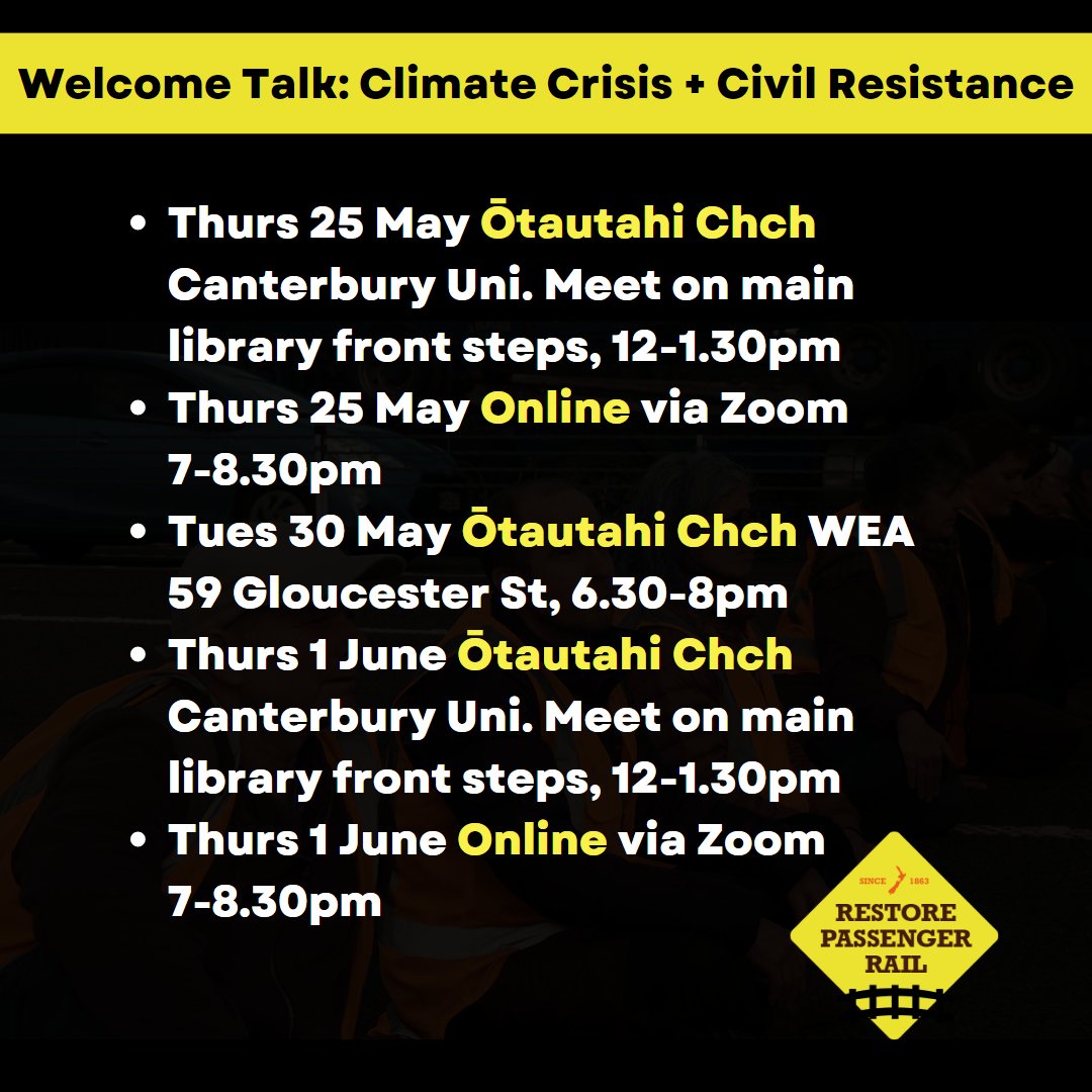 ClimateLib's tweet photo. π©Are you stressed out about #ClimateChange? π¦Ί Find out how peaceful #civilresistance is a powerful + effective way to create systemic change at our welcome talk this week.
βπWe're calling for #RestorePassengerRail + #FreePT for #ClimateAction in #NZ
https://t.co/qlkAXoxBlW https://t.co/HLR9gloR2b