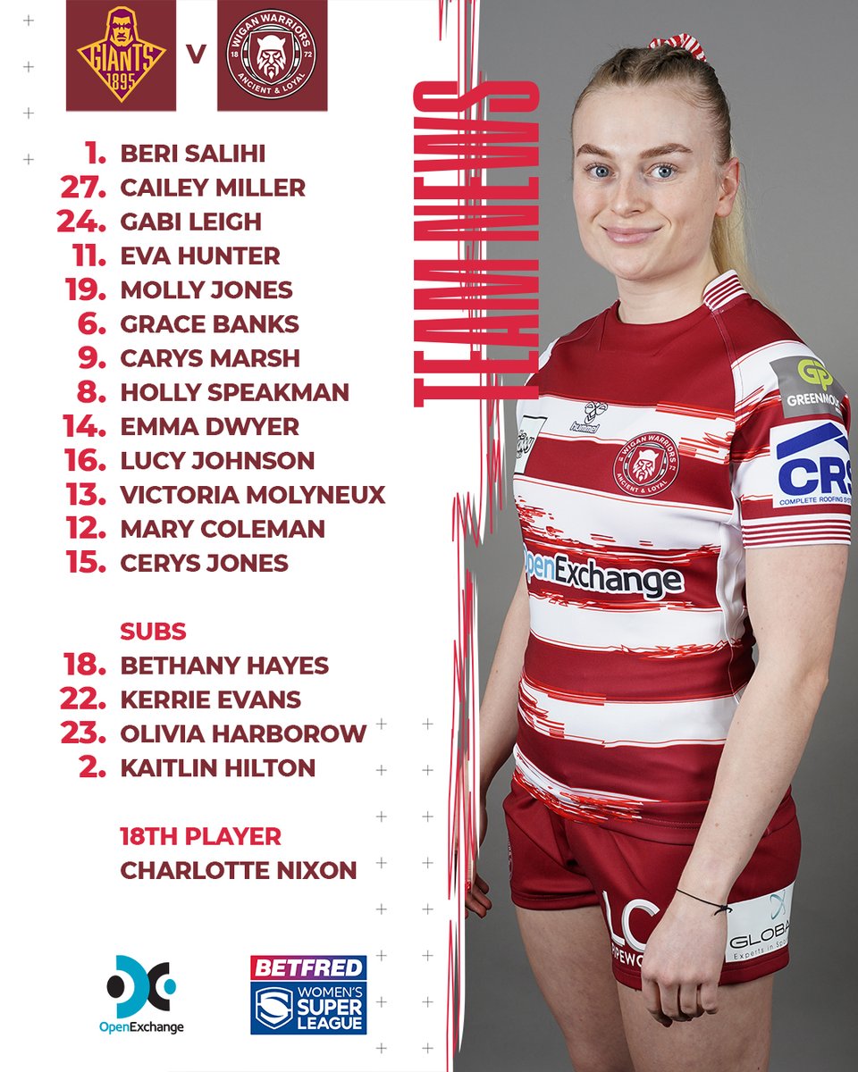 WiganWarriorsRL's tweet photo. 📋 𝙏𝙀𝘼𝙈 𝙉𝙀𝙒𝙎  

Here are your Wigan Warriors Women to take on @Giantsrl this afternoon! 

Cailey Miller will make her debut for the Club! 👏

#WWRL https://t.co/qKnjskrgV6