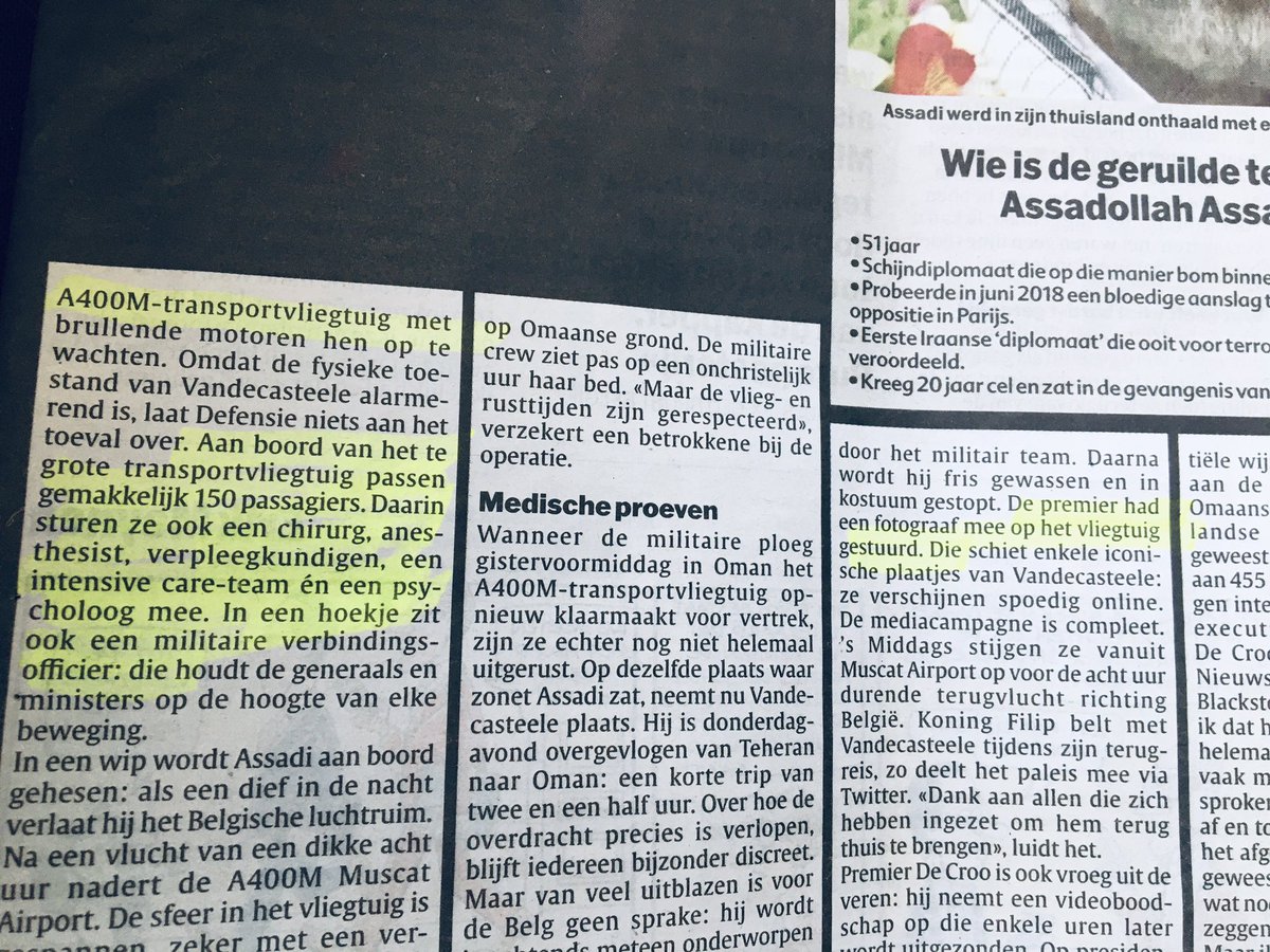 WIE gaat dat betalen? 
Het vliegtuig om Olivier vandecasteele op te halen MET aan boord : fotograaf, chirurg, anesthesist, verpleegkundigen, intense care team, psycholoog, militaire verbindingsofficier, piloten……ontvangst en personeel luchthaven Melsbroek????