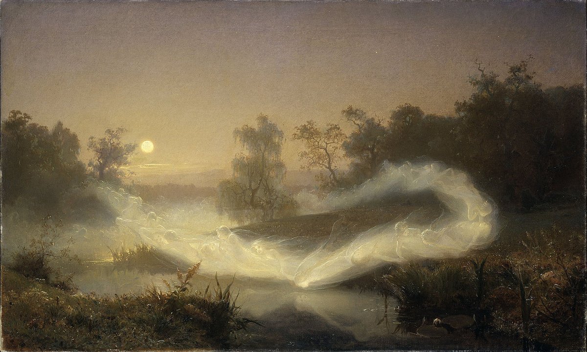 Fairy Rock, Whitehaven is associated with the tale of a faerie queen who falls in love with a human.

The faeries would dance in the moonlight, enticing young men into their grotto

#folkloresunday #cumbria
#art Dancing Fairies by August Malmström