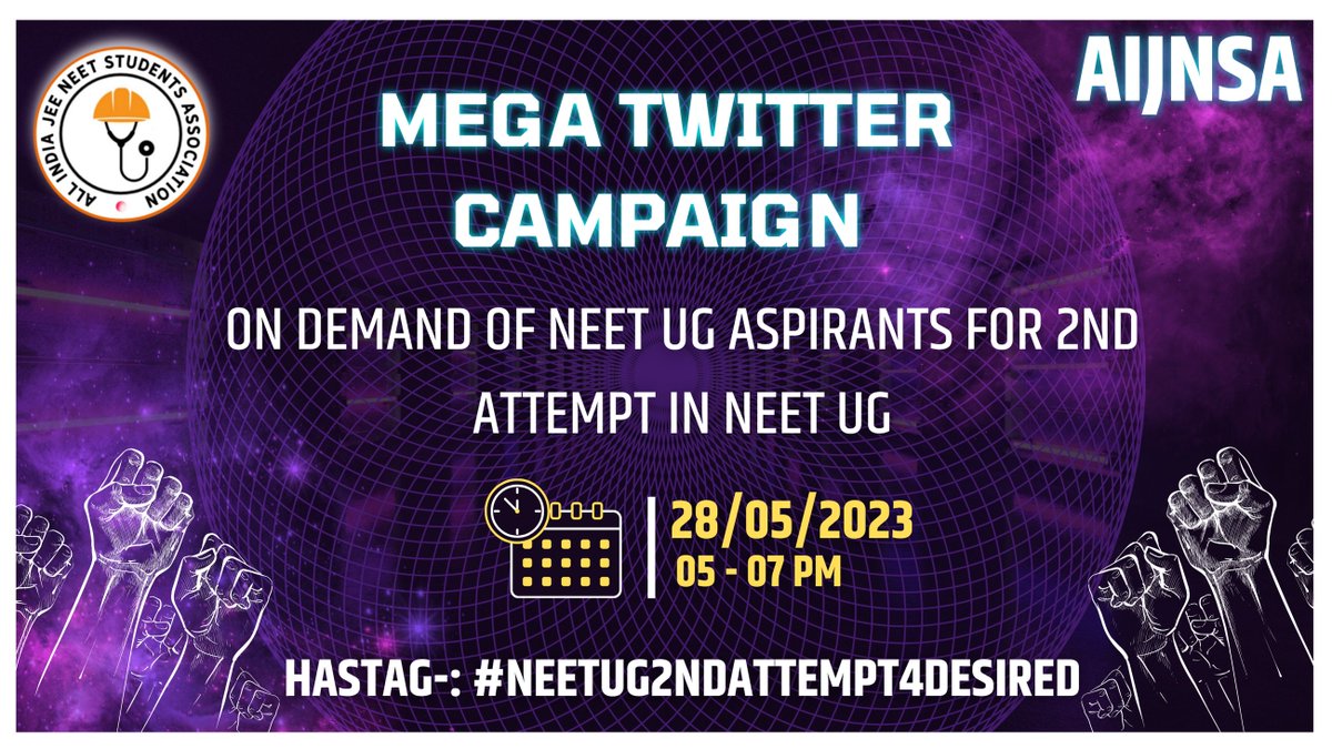 AIJNSA_official's tweet photo. 📣 Attention, Twitterverse! 🌟 Prepare for an incredible Twitter storm! ⚡️🐦 Let's unite for the massive #NEETUG2ndAttempt campaign, kicking off at 5 pm sharp!

Hashtag: #NEETUG2ndAttempt4Desired
Do not use new hashtag before 5 pm.

Let's make this campaign successful. #NEETUG https://t.co/3qBYSNcMkQ