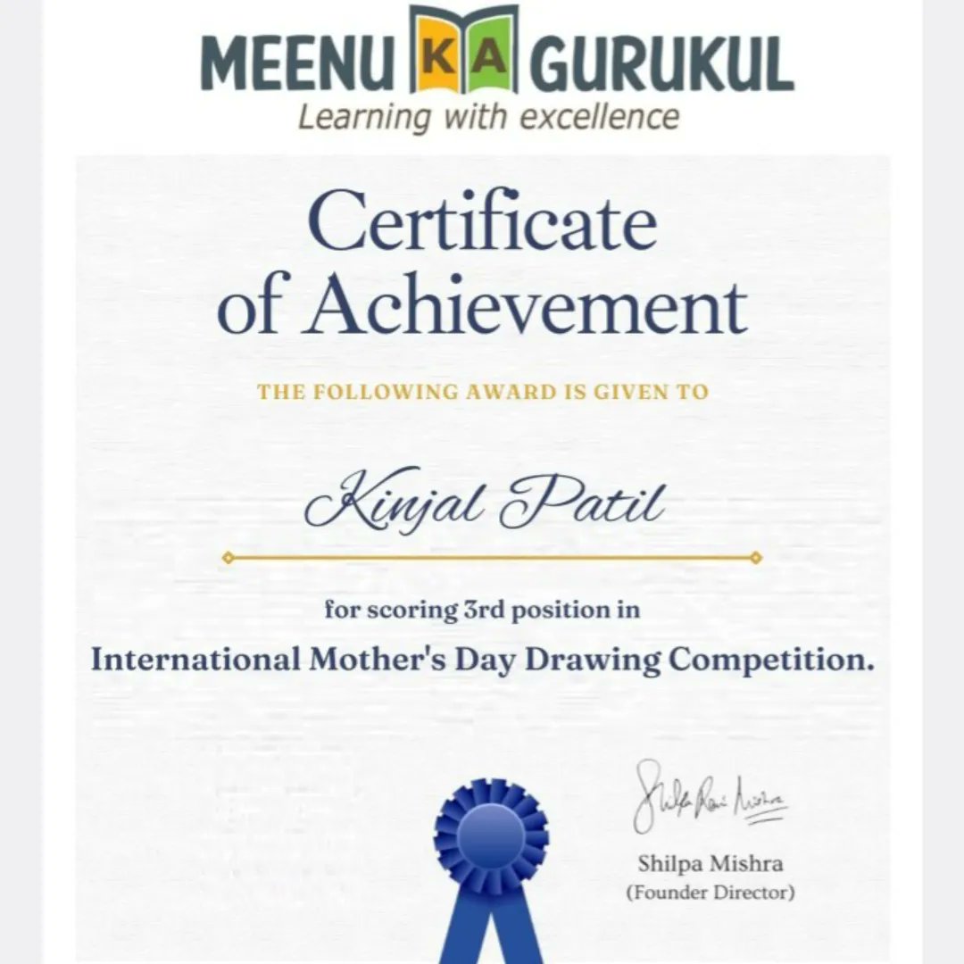 Meenu_Ka_Grukul's tweet image. #MEENUKAGURUKUL #LearningWithExcellence #msmeregistrationindia #ISO9001 #winner #win #love #giveaway #motivation #certificates #trophies  #champion #internationallevel #mothersday #2023 #drawingcompetition  #competition   #contest #follow #art  #success  #exo #winning  #like
