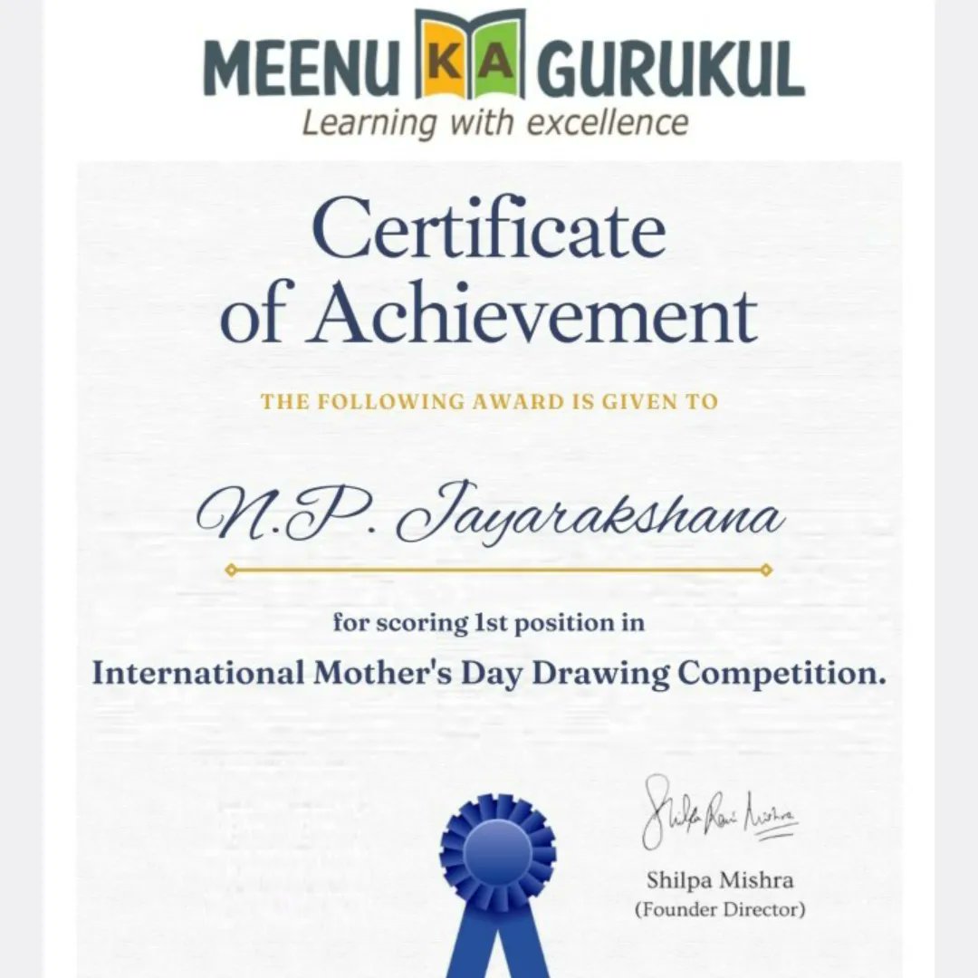 Meenu_Ka_Grukul's tweet image. #MEENUKAGURUKUL #LearningWithExcellence #msmeregistrationindia #ISO9001 #winner #win #love #giveaway #motivation #certificates #trophies  #champion #internationallevel #mothersday #2023 #drawingcompetition  #competition   #contest #follow #art  #success  #exo #winning  #like