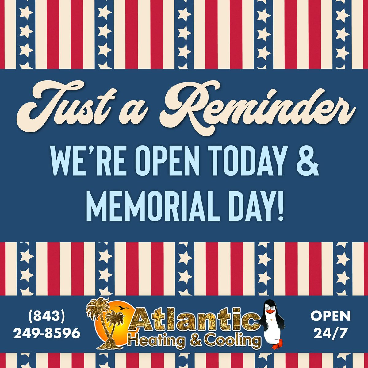 Just a reminder, we’re open today and Memorial Day. Call us anytime for sales or service - 843-249-8596 - We're always open!
🌴⁠
atlanticheatingandcooling.com
🌴⁠
#HVAC #MyrtleBeach #NorthMyrtleBeach #SouthportNC #LittleRiverSC  #Calabash #Shallotte