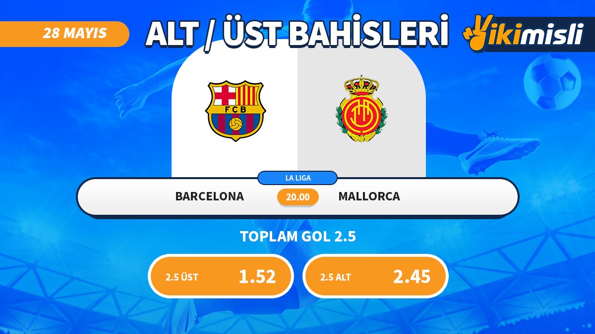 İki rahat takımın maçında toplam kaç gol olur? 🤔

Barcelona ile Mallorca arasındaki son 10 maçın 7'si 2.5 gol üstü 🔺 bitmişti.

Bu maça en yüksek oranlarla bahis yapmak için hemen ikimisli hesabına giriş yap. 📱

ikimisli: mislilnk.com/guncel

#ikimisli #DenemeBonusu