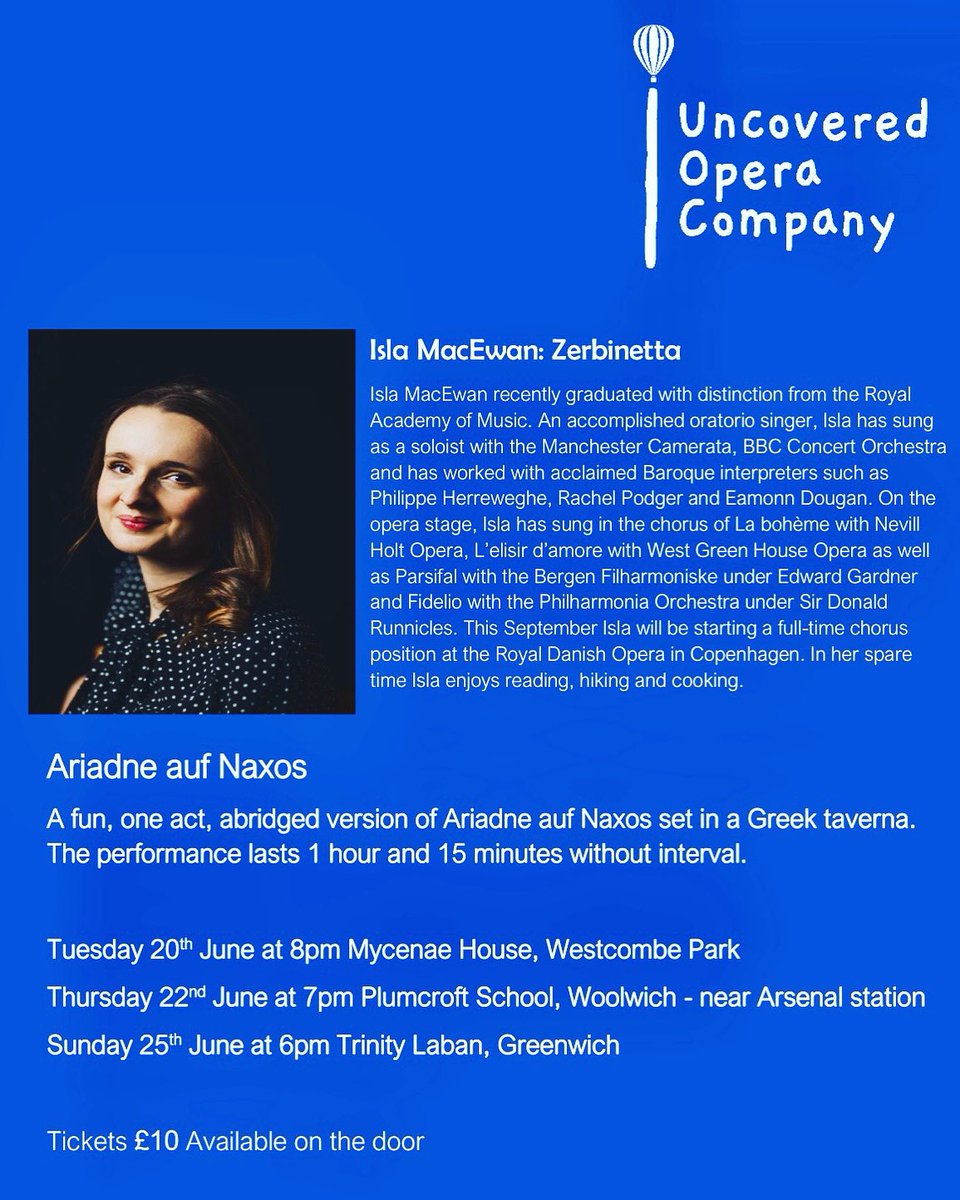 Uncovered Opera Company (@operauncovered) on Twitter photo The absolutely wunderbarschön Isla MacEwan joins the company to debut the firecracker of a role that is Zerbinetta! Tickets £10 available on the door. More information from uncoveredoperacompany.com The absolutely wunderbarschön Isla MacEwan joins the company to debut the firecracker of a role that is Zerbinetta! Tickets £10 available on the door. More information from uncoveredoperacompany.com