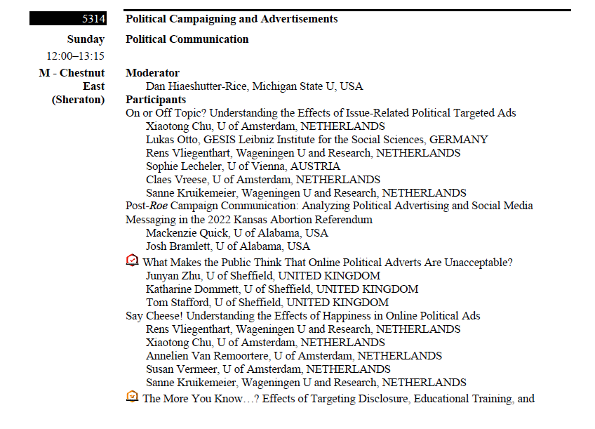 Excited to be part of the #PoliticalCommunication panel at #ICA23! Join me and a brilliant lineup of panelists as we dive into the fascinating world of political advertising. See you later at 12:00 in M - Chestnut East (2nd floor, Sheraton).