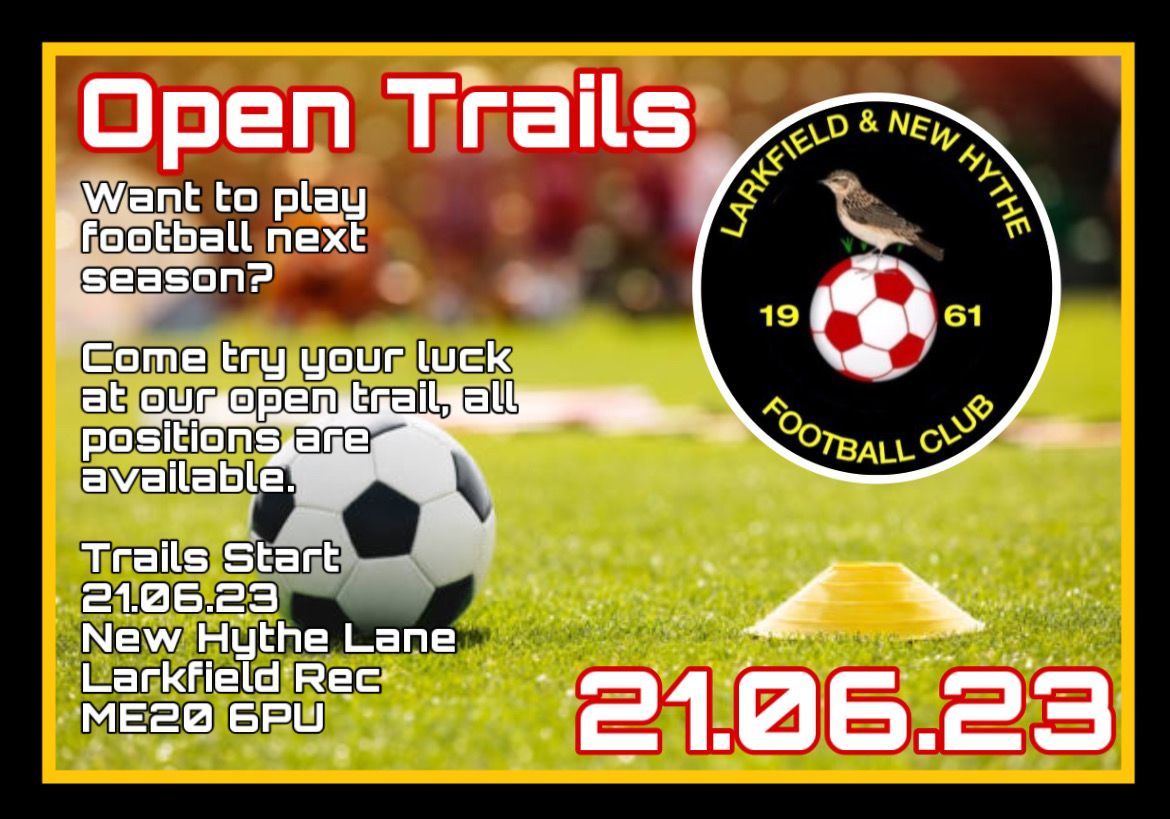 🚨 Open Trails 🚨

Are You Looking For A New Challenge & Want To Play In The Kent League? 

Want A Chance To Break Into Our 1st Team @LNHFC1961

Then Come Along To Our Open Trails Weds 21st June 7.30PM Start!

All Postions Welcomed. 
PM Us If You Are Interested.

#UpTheLarks 🟡⚫️