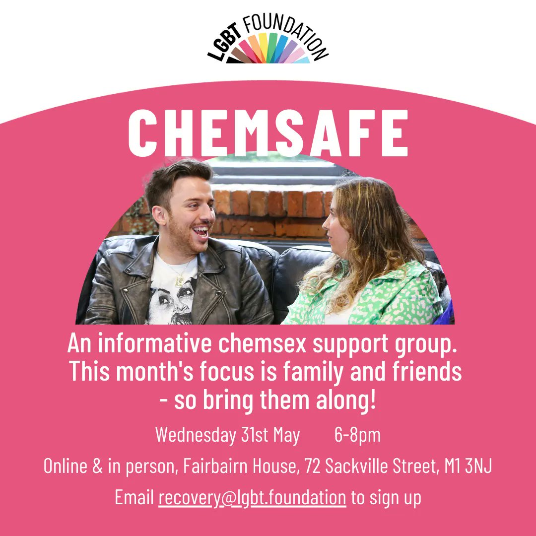 You are invited to Chemsafe – a peer support group for people who have been or are currently being affected by crystal meth, GBL or other substances relating to chemsex. 

This month we will be focusing on the theme of friends and family so you are welcome to bring yours along 💜