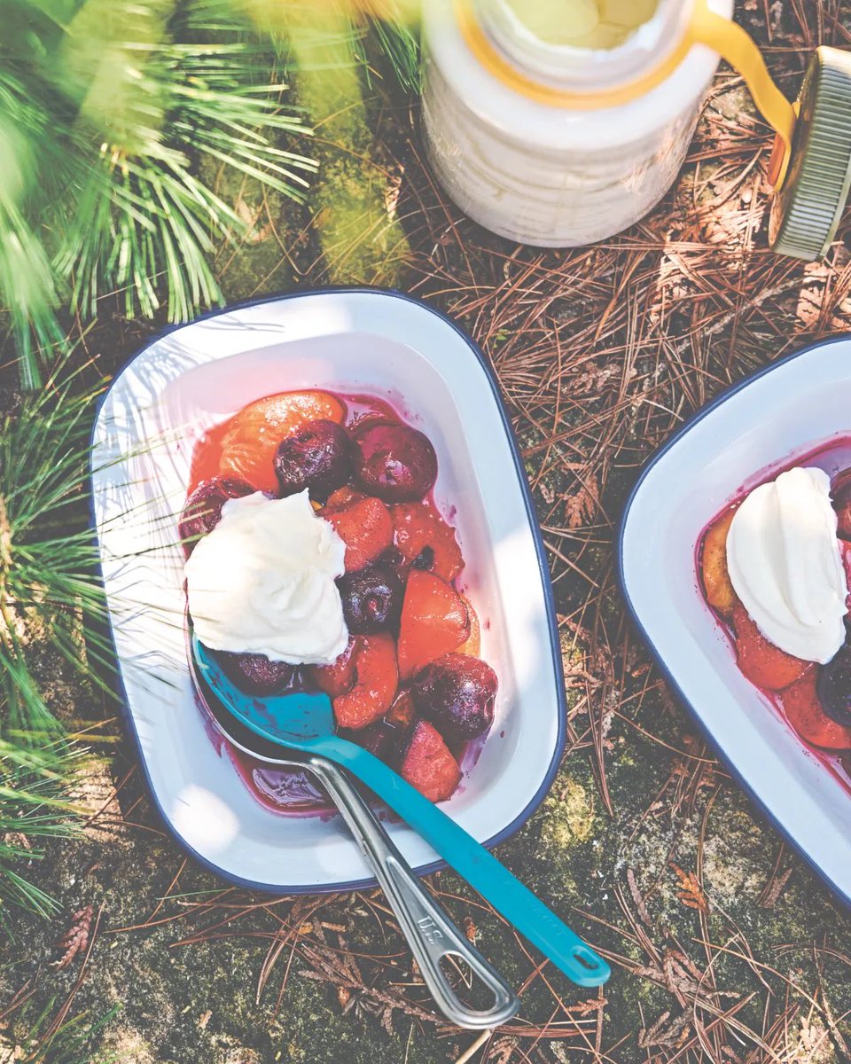 Coolfooddude's tweet photo. Warm, ripe fruit is flecked with vanilla sugar and caramelized on a glowing fire. The whipped cream is almost too delicious. https://t.co/B5noz1FdNC @cnutsmith #chrisnuttallsmith #cookitwild #roastedstonefruit #roastedfruit #stonefruit https://t.co/UETMNrQv2g