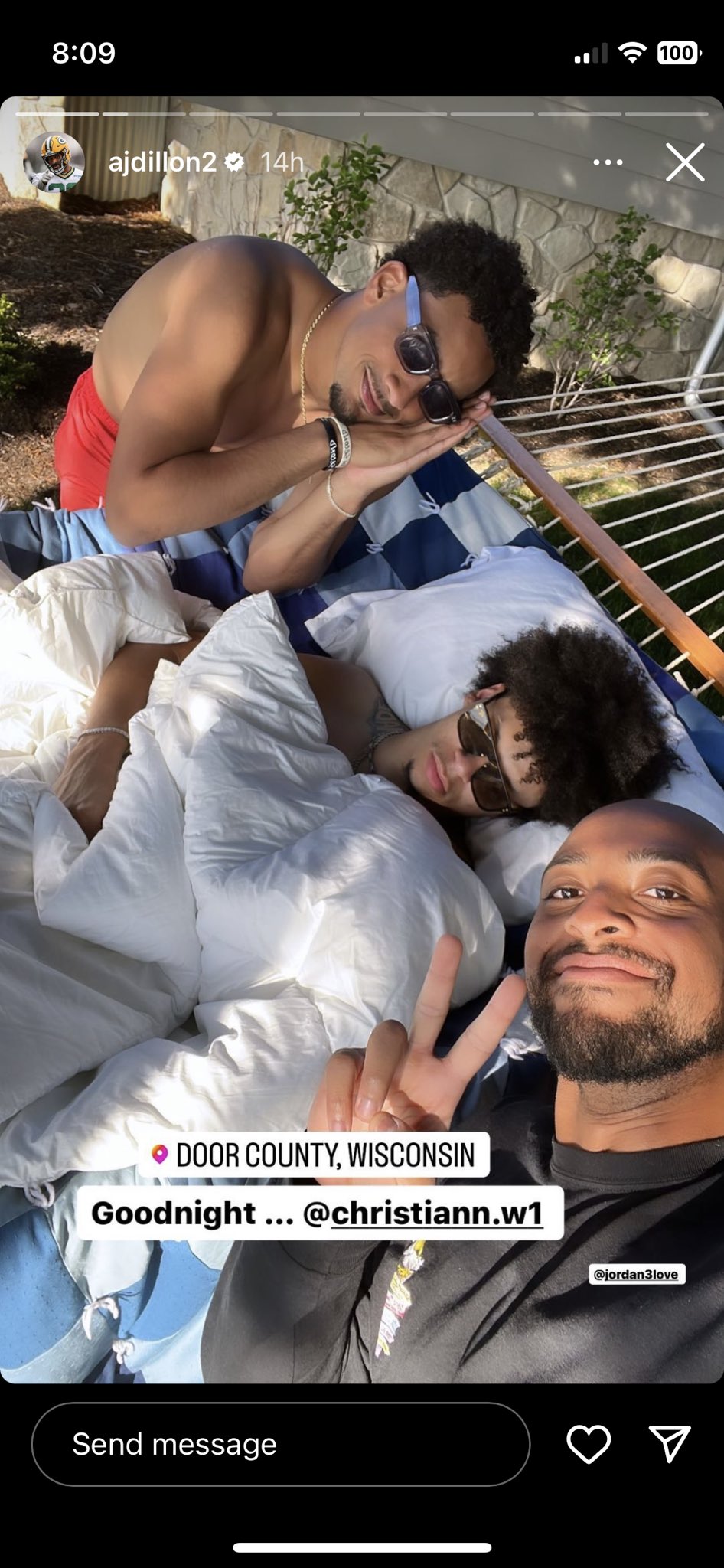 Green Bay Packers wide receiver Christian Watson is shown sleeping with Jordan Love and AJ Dillon posing in the picture. Photo Credit: AJ Dillon Instagram